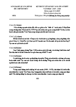 Đề thi tuyển sinh vào Lớp 10 THPT môn Lịch sử (Chuyên) - Năm học 2019-2020 - Sở giáo dục và đào tạo Quảng Bình (Có đáp án)